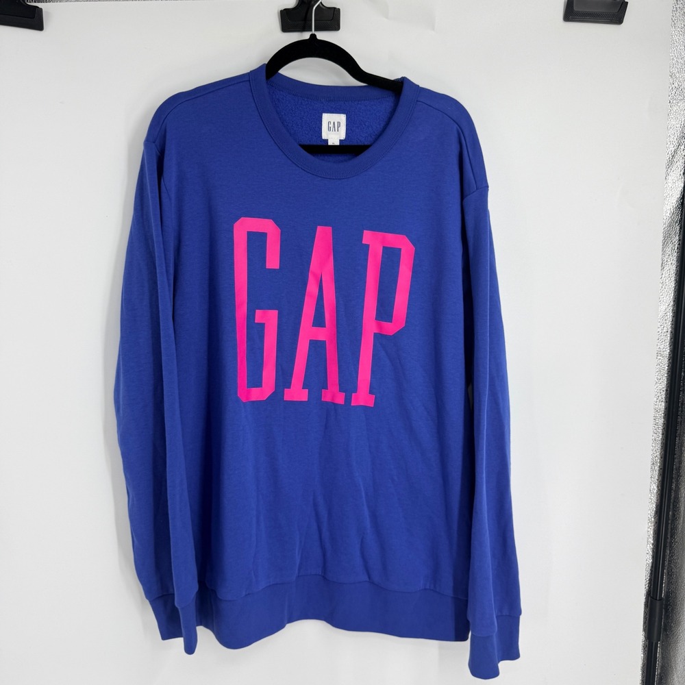 Gap Womens XL Royal Blue Pink Logo Crew Neck Fleece Pullover Sweatshirt Spellout